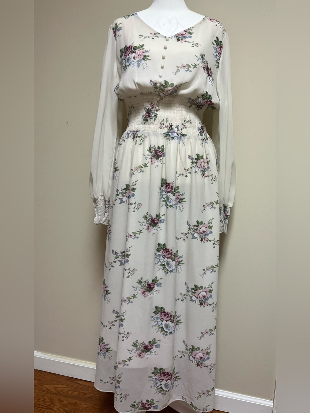 SHEIN Cream Floral Long Sleeve Smocked Waist Maxi Dress